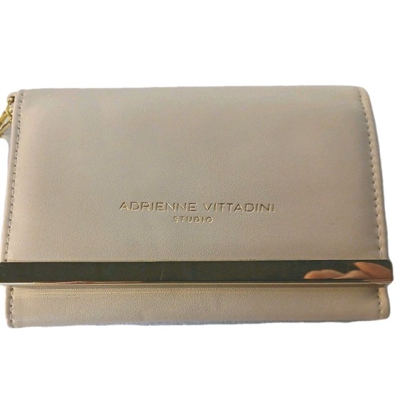 Adrienne Vittadini Tan & Gold Bifold Wristlet Wallet Flower Lining #1206 - Picture 1 of 13